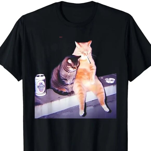 Cats Smoking Drinking Beer 100% Cotton Tee T-Shirt - Picture 1 of 3